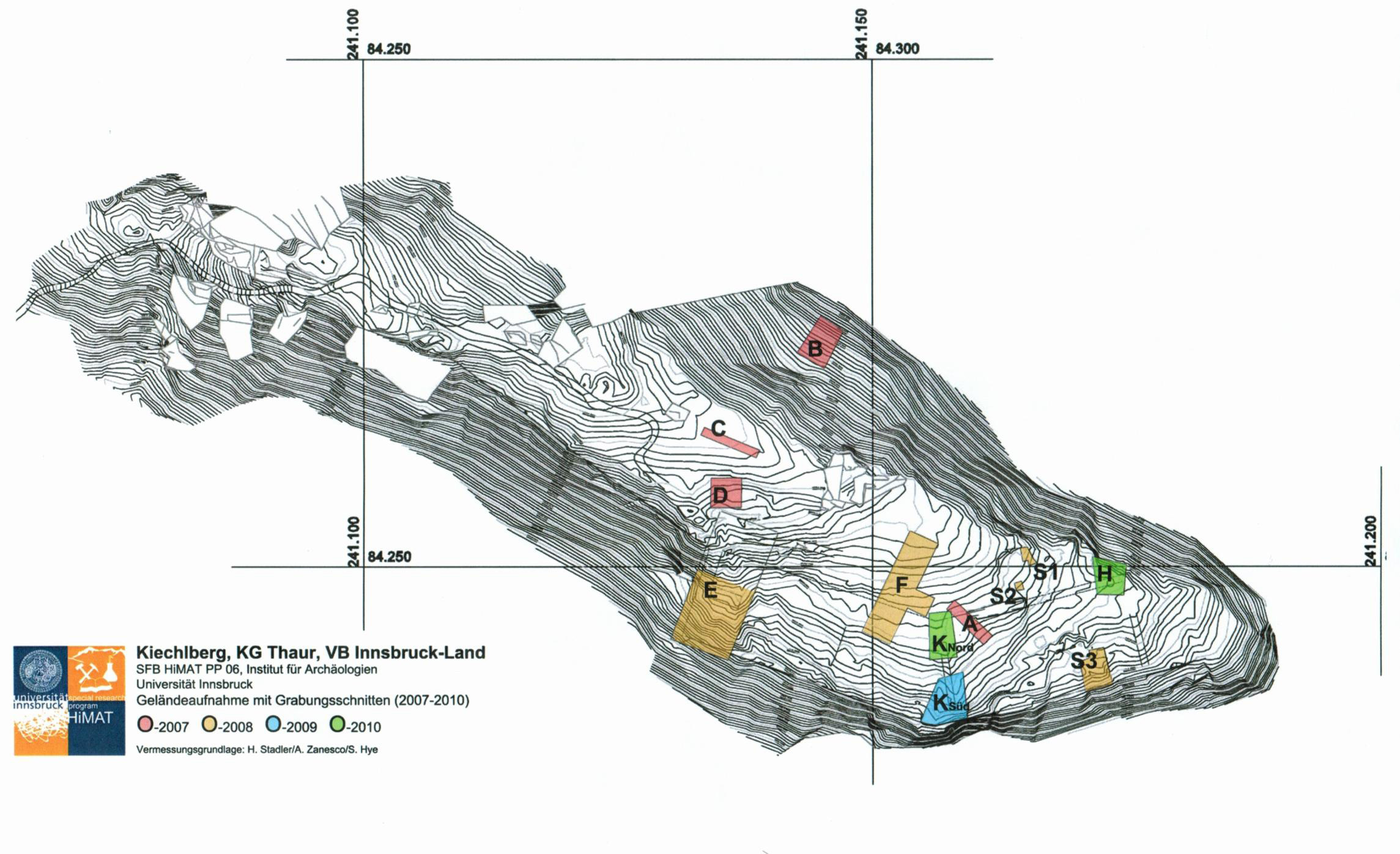 6- Geländeaufnahme Kiechlberg, Grabungsschnitte 07-10; SFB HiMAT PP 06, Institut für Archäologien, Universität Innsbruck