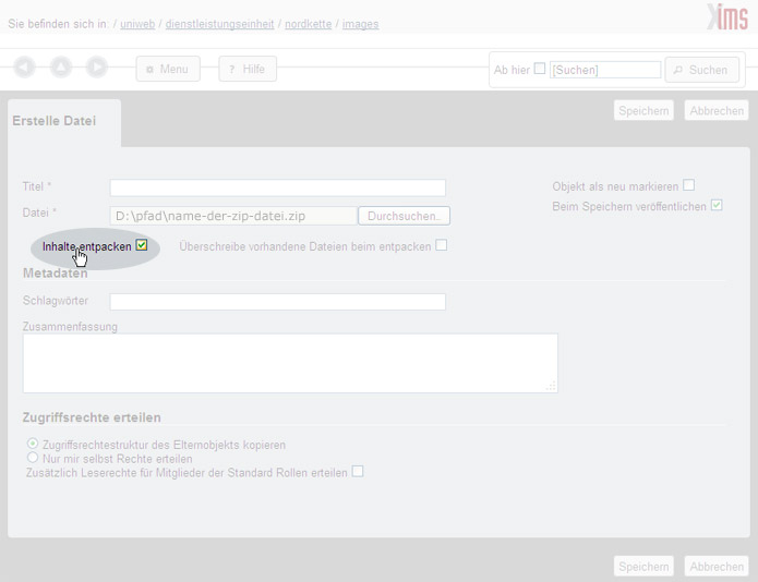 Screenshot: Hinaufladen einer zip-Datei (dabei die Inhalte entpacken)