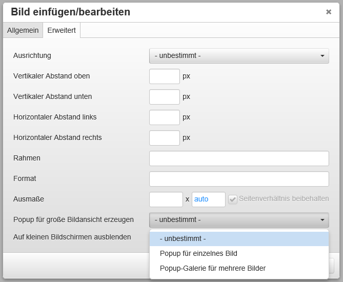 Pop-up Optionen Pop-up Optionen